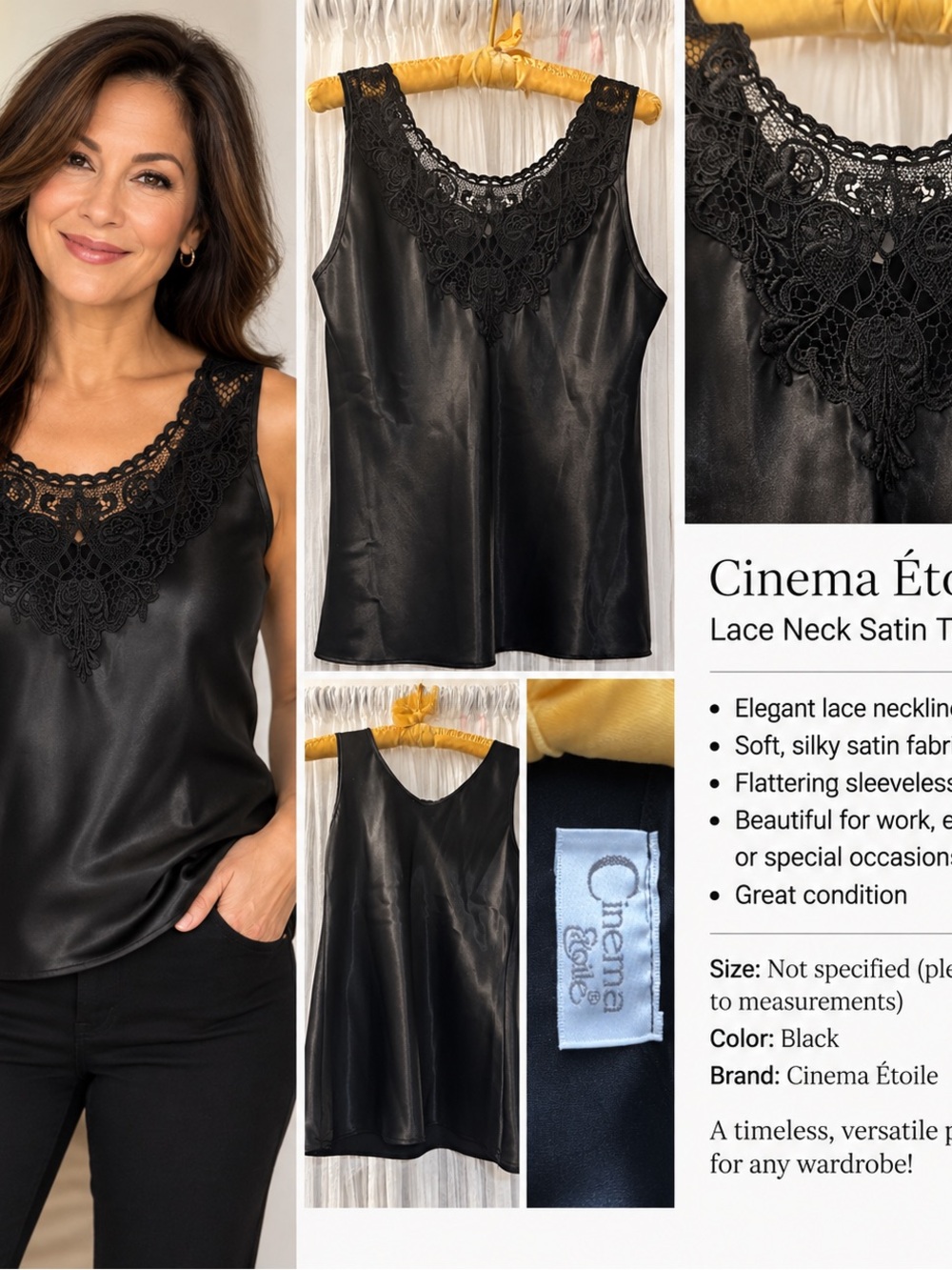 Cinema Étoile Black Satin Lace Tank Top